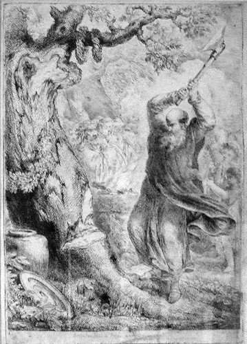 Saint Boniface felling Donar's Oak in Hessen, engraving by Bernhard Rode, 1781