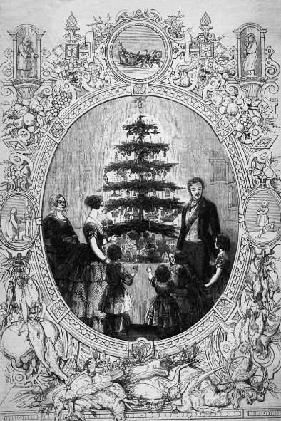 An illustration from a December 1848 edition of the Illustrated London News shows Queen Victoria and her family surrounding a Christmas tree.