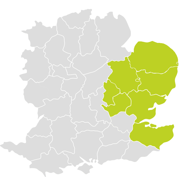 Map highlighting the eastern region of Essex and Suffolk in bright yellow against a white background, outlining county boundaries.